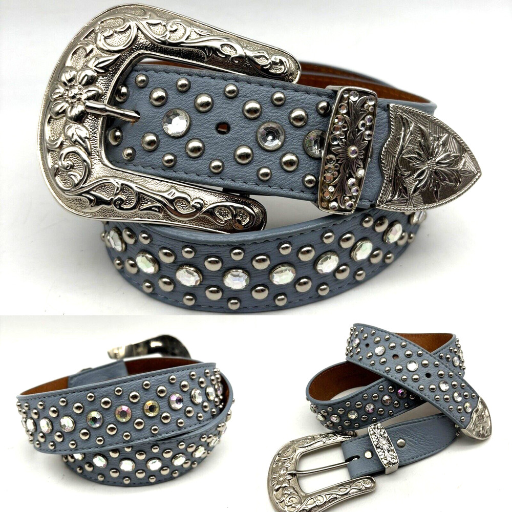 3D Brand 667 Baby Blue Genuine Leather Rhinestones Silver Studs Western Belt 30